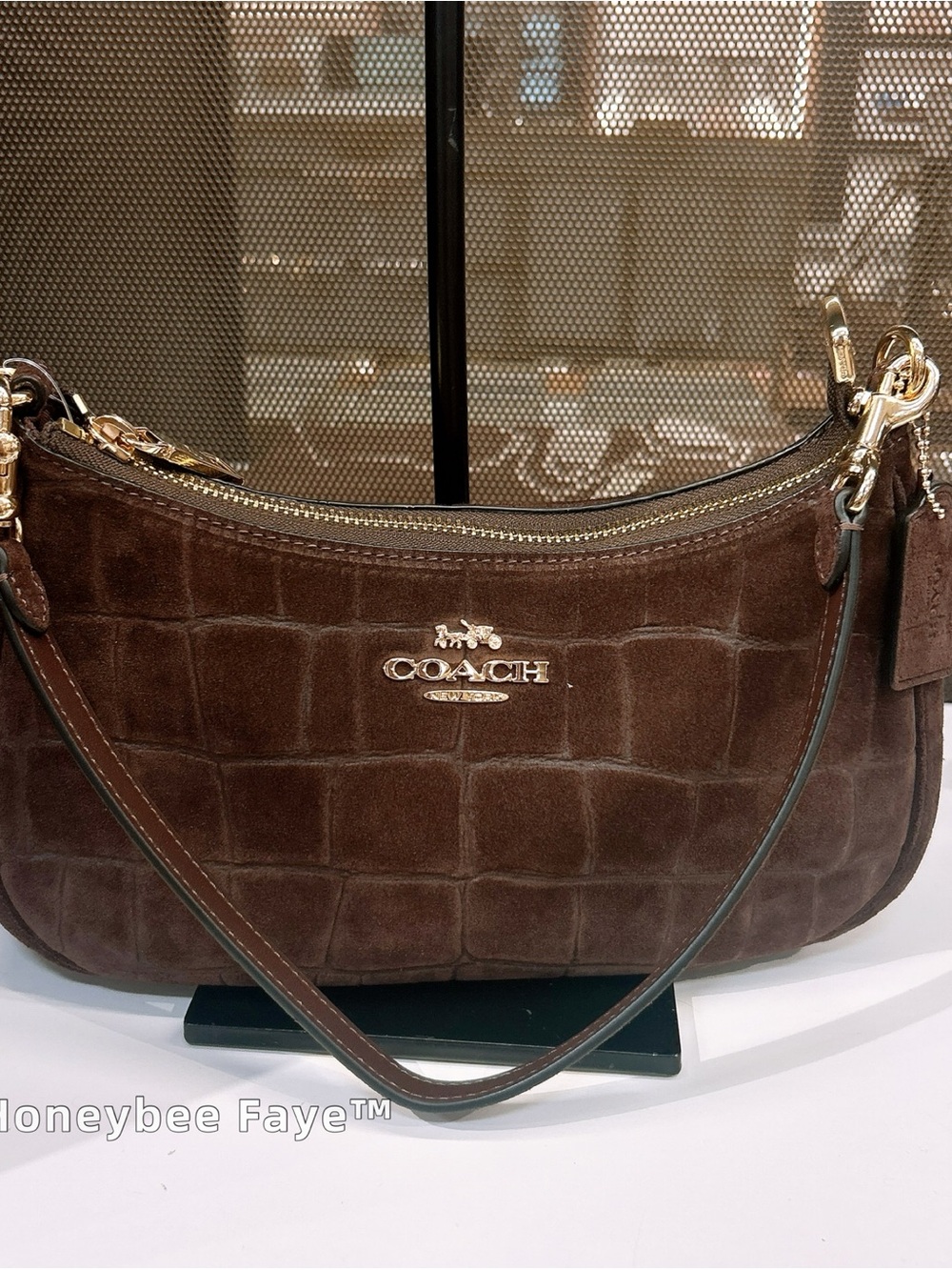 Coach soft Teri Brown Suede Croc-Embossed Shoulder Bag with Gold Hardware - Picture 7 of 7